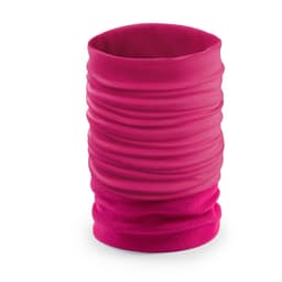 A pink scarf with a textured, gathered design, featuring a logo on the fabric.
