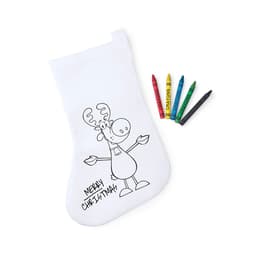 A white Christmas stocking featuring a cartoon moose illustration, accompanied by coloured crayons.