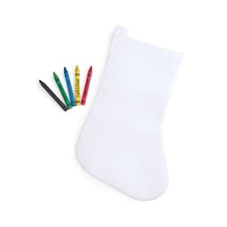 A white stocking with five colourful crayons in green, blue, yellow, red, and black beside it. It has a logo.