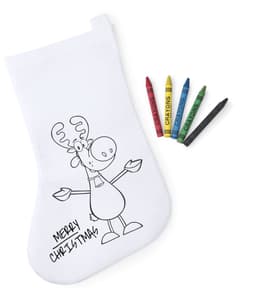 A white Christmas stocking featuring a cartoon reindeer design, accompanied by five multi-coloured crayons.