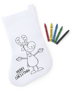 A white stocking with a cartoon reindeer design and five colourful markers. Features a logo.