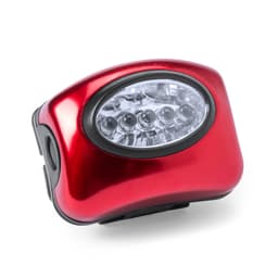 A red torch with multiple LED lights, featuring a smooth, rounded design and a black outline. It has a logo.
