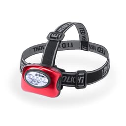 A red LED headlamp with an adjustable black strap, featuring multiple light bulbs for illumination.