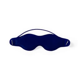 A sleep mask in deep navy blue with a sleek design and adjustable straps, featuring a logo on the side.