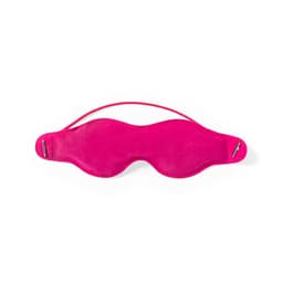 A sleep mask in vibrant pink with a smooth surface and a flexible strap. Features a logo on one side.