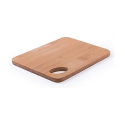 A bamboo chopping board with a smooth surface and a handle cutout. It features a natural wood finish.
