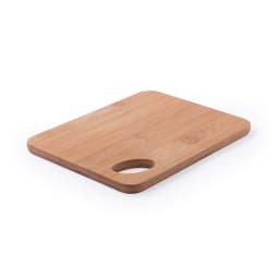A bamboo chopping board with a smooth surface and a round handle cutout.