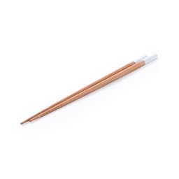 A set of wooden chopsticks in a light brown colour with white details and a branding logo.