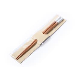 A cutlery set featuring wooden chopsticks with white accents, packaged in clear plastic.