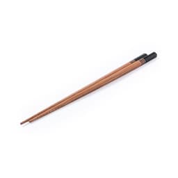 A pair of wooden chopsticks, featuring a light brown colour with dark black tips. The product also has a logo.