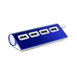 A blue USB hub with four ports, featuring a sleek design and a circular end. It includes a branding logo.