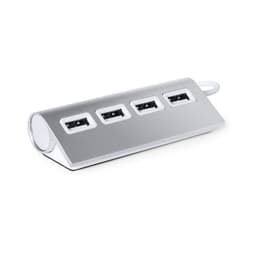 A silver USB hub featuring four USB ports and a rounded design, with a logo on the side.