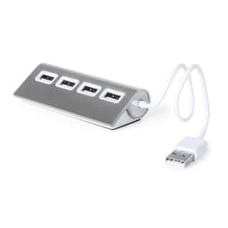 A sleek silver USB hub with four ports and a white cable. It features a modern, angled design and a logo.