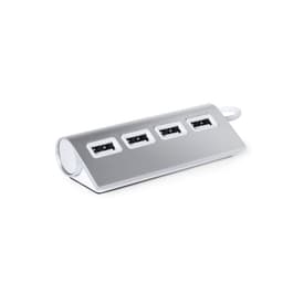 A silver USB hub with four ports and a sleek, modern design. It features a round end and a branding logo.