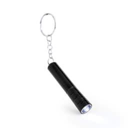 A black torch keyring featuring a cylindrical flashlight attached to a metal keyring.
