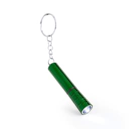A green keyring torch featuring a cylindrical design and a silver chain. Includes a logo on the keyring.