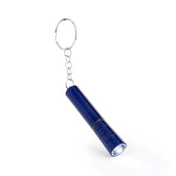 A navy blue keyring torch with a silver chain and keyring attachment. It has a cylindrical shape with a light at one end.