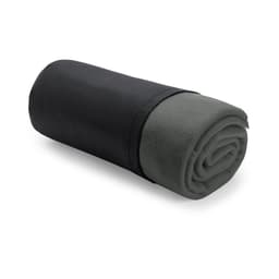 A rolled blanket in dark green fabric, with a wrapped black exterior, featuring a simple logo.