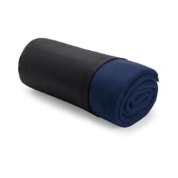 A rolled blanket featuring navy blue fabric, with a black cover. Includes branding on the cover.