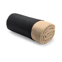 A rolled blanket featuring a black exterior and a beige interior, showcasing a soft, plush texture.