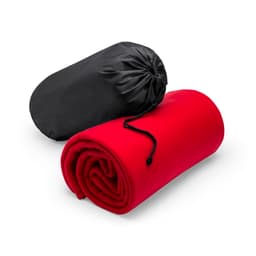 A red blanket rolled neatly and encased in a black pouch, featuring a drawstring closure.