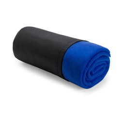A rolled blanket in blue fleece, wrapped in a black cover. The product features a simple design and has a logo.