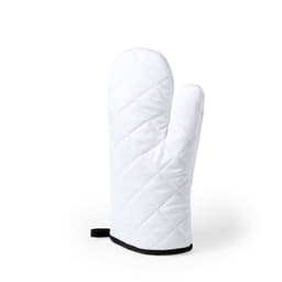 A white quilted kitchen mitten with a black trim and a hanging loop. It features a logo on the design.