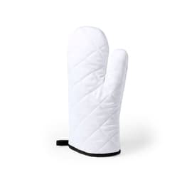 A white quilted kitchen mitten with a black trim and a hanging loop. It has a logo on the surface.
