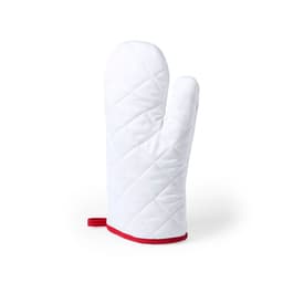 A white kitchen mitten with a red trim and a quilted design, featuring a hanging loop.