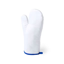 A white kitchen mitten with a blue trim and a hanging loop. It has a plain design without any branding visible.