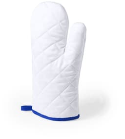 A white kitchen mitten with blue trim, featuring a quilted design and a hanging loop.