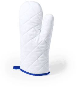 A white kitchen mitten with a quilted pattern and a blue trim, featuring a hanging loop.
