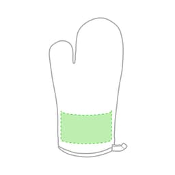 A green kitchen mitten with a textured grip area and a hanging loop. It has a simple, outline design.