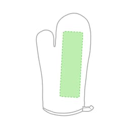 A kitchen mitten with a green accent and an attached loop, featuring a simple design and outlined stitching.