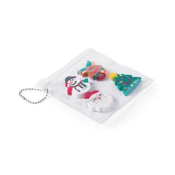 A set of four Christmas-themed erasers in vibrant colours, packaged in a clear pouch with a chain.