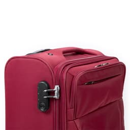 A maroon wheeled bag with a zip closure and a combination lock features. It has a sturdy handle and smooth wheels.