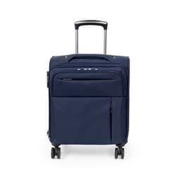 A wheeled bag in navy blue featuring a handle and multiple zippered compartments. It has a logo on the front.
