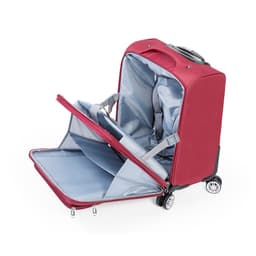 A wheeled bag in red, featuring an unzipped compartment with a light grey interior and adjustable straps.