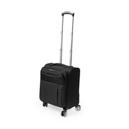 A black wheeled bag featuring a telescopic handle and multiple compartments. It has a logo on the front.