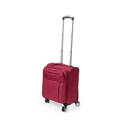 A wheeled bag in a rich red colour with a retractable handle and multiple compartments. It features a logo on the front.