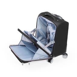 A black wheeled bag with a light blue interior, featuring compartments and a retractable handle.