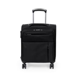 A wheeled bag in black with a telescopic handle and multiple zippered pockets. It features a logo on the front.