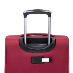 A wheeled bag in a deep red colour with a retractable handle and an ID tag slot.