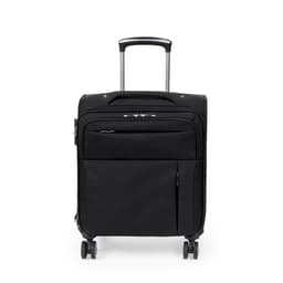 A wheeled bag in black with a retractable handle and multiple zippered compartments. It features a branding logo.