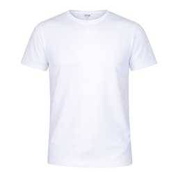 A plain white T-shirt with short sleeves and a round neckline, featuring a logo on the label.