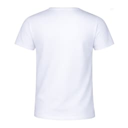 A plain white T-shirt with a standard crew neck and short sleeves, featuring a logo on the back.