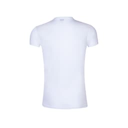 A white T-shirt with short sleeves, featuring a plain back and a small logo at the neckline.