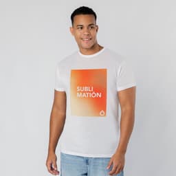 A white t-shirt featuring an orange gradient square design and a logo, worn by a smiling male model.