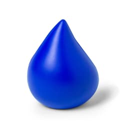 A blue stress shape in the form of a teardrop, with a smooth finish. It features a branding logo.