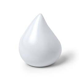 A white stress relief droplet, featuring a smooth, shiny surface and a pointed top. It has a branding logo.